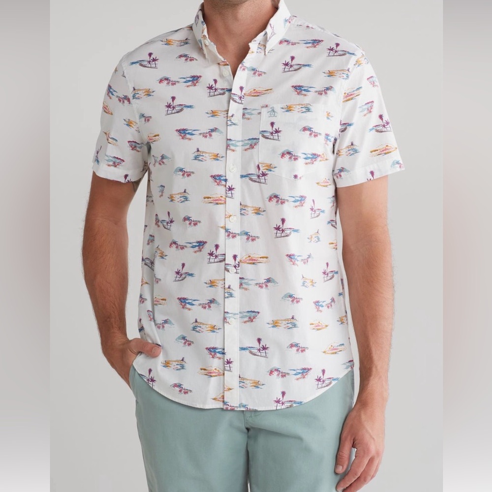 Original Penguin St. Tropez Print Stretch
Cotton Short Sleeve
Button Down Shirt